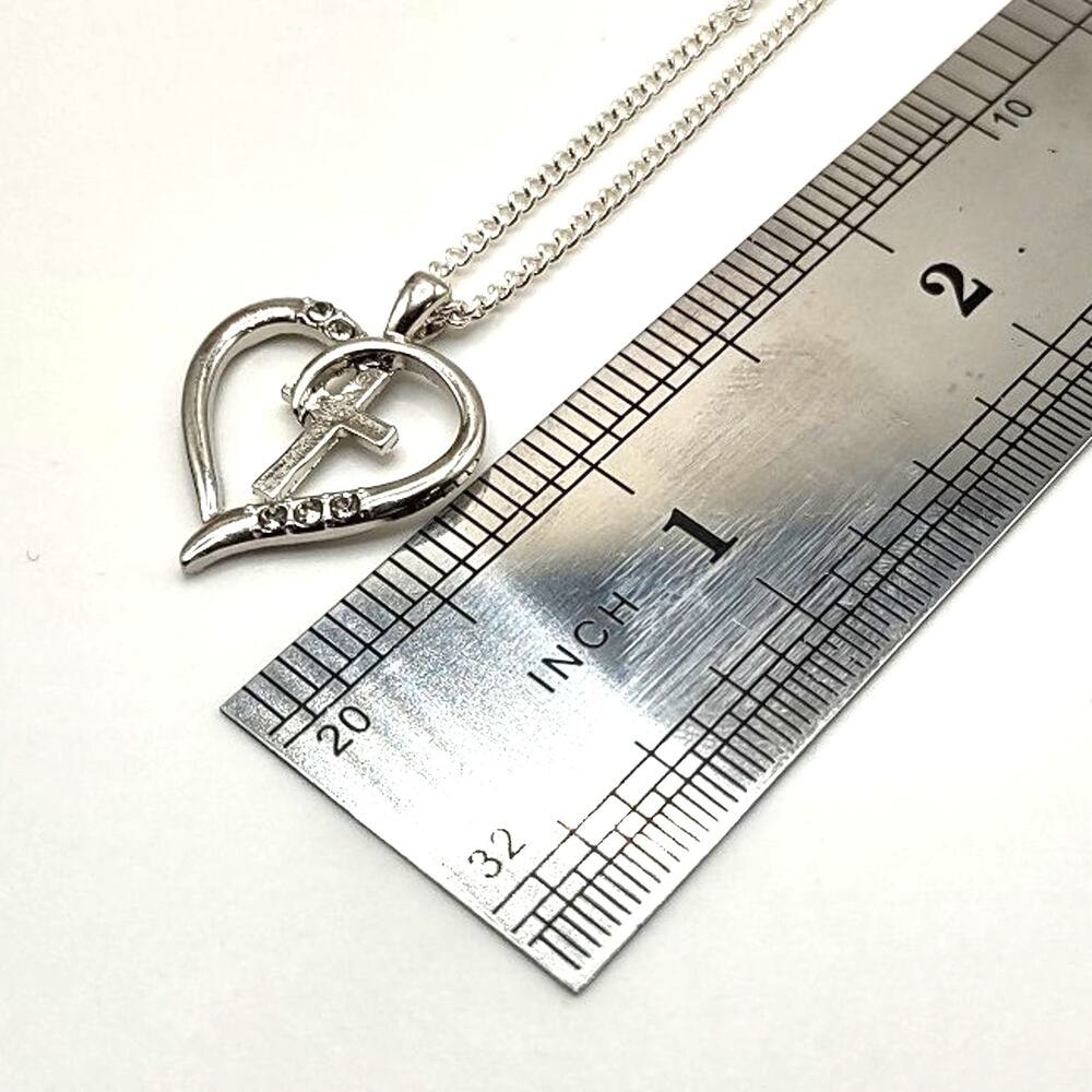 925 Sterling Silver Necklace w/ Christian Heart Cross Jesus CZ Diamond Gift NEW